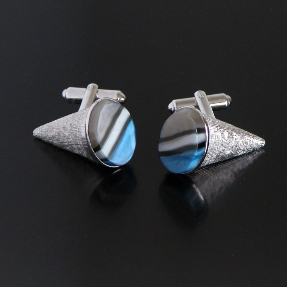 Unique Cufflinks Black Silver Tone Cone & Stone